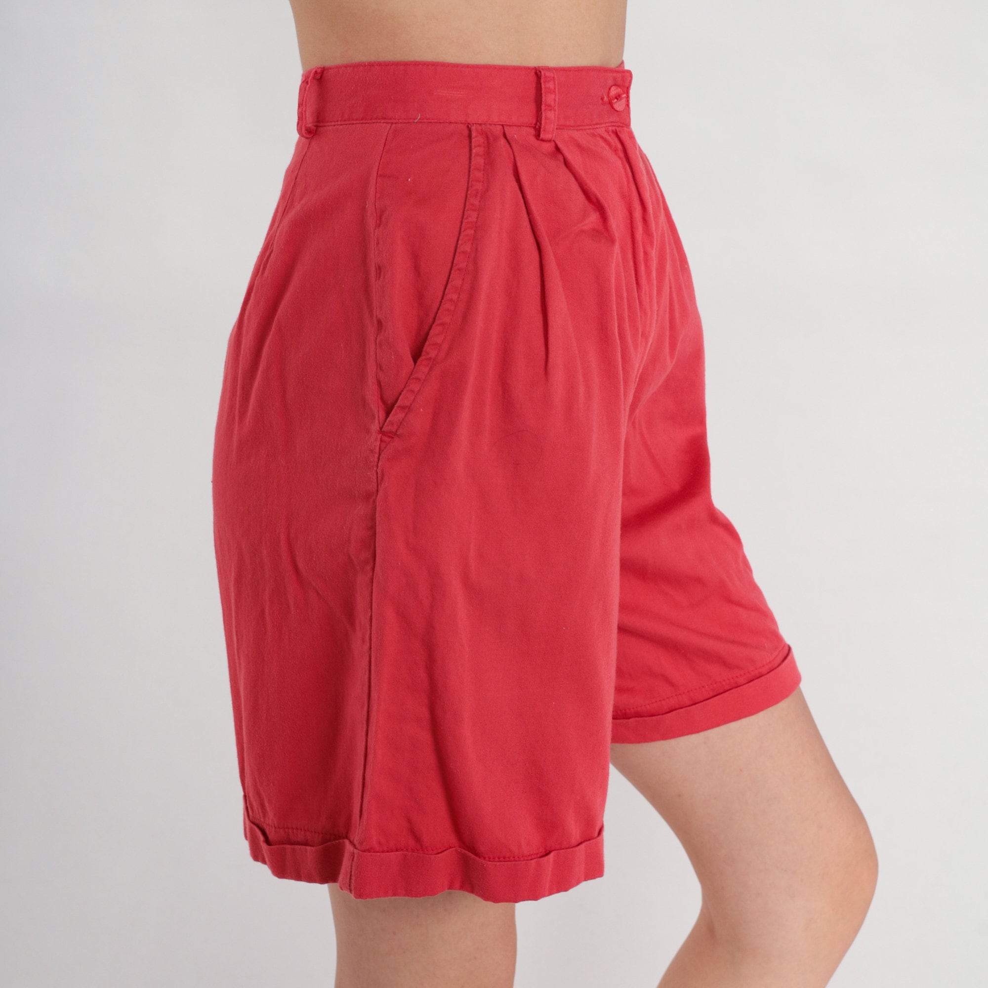 Red Pleated Shorts 80s High Waisted Mom Shorts Pleated Cotton Mid ...