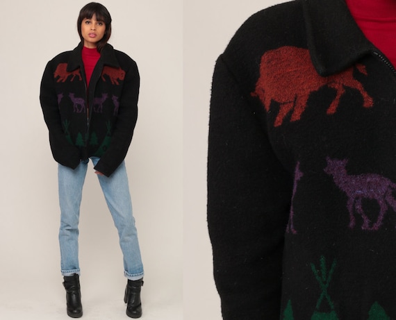 Boho Jacket TOTEM POLE PRINT 90s Animal Print Native American Jacket Ethnic Bohemian Wool Blend Deer Buffalo Vintage Black Extra Large xl