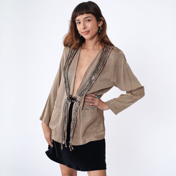 Metallic Bronze Jacket 90s Shiny Blazer Snakeskin Fringe Trim Open Front Frog Button Up Cardigan Evening Cocktail Boho Vintage 1990s Medium