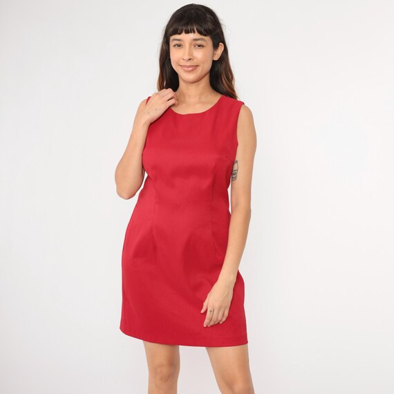 Vintage Red Mini Dress 90s Sheath Dress Monochrome Stripes Sleeveless Scoop Neck Dress Vintage 1990s Simple Plain Basic Medium