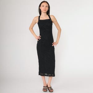 Vintage 90s Black Evening Dress Flocked Floral Velvet Glitter Midi Formal Gown Y2K Party Satin Strap Criss Cross Extra Small xs Petite