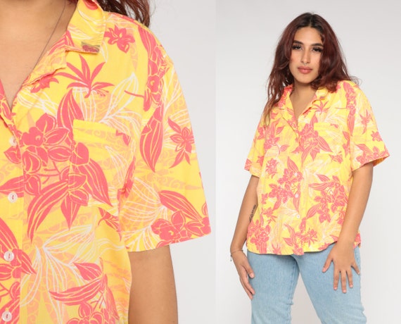 Yellow Hawaiian Shirt 90s Tropical Button Up Floral Leaf Print Top Retro Surfer Vacation Short Sleeve Summer Vintage 1990s Extra Large xl