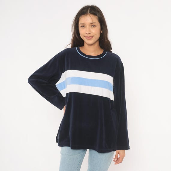 Navy Velour Sweatshirt 2000s St Johns Bay Striped Neck Pullover Long Sleeve Fleece Top Color Block Relaxed Fit Velvet Shirt Extra Large XL