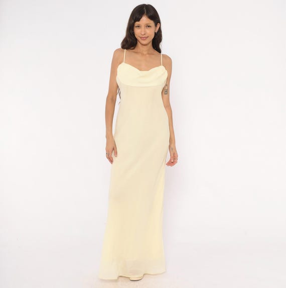 Pale Yellow Cowl Neck Gown 70s Spaghetti Strap Floor Length Slip Dress Butter Cream Maxi Back Tie Ruffle Detail Column Vintage Medium M