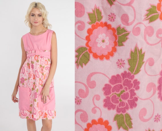 Pink Floral Dress 70s Mod Mini Dress Retro Groovy… - image 1
