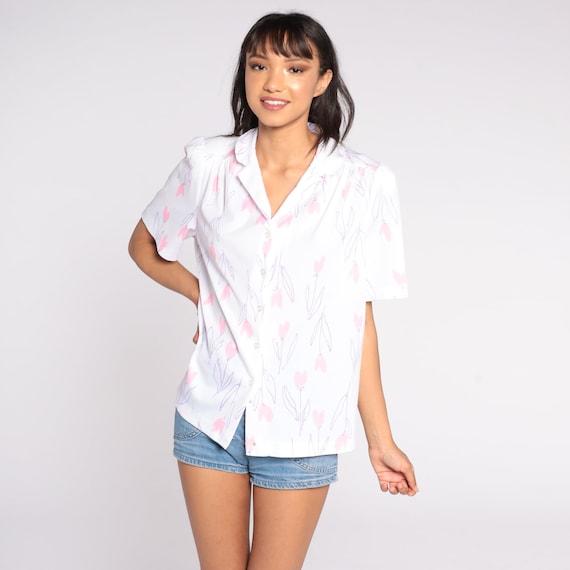 Puff Sleeve Blouse 80s Floral Shirt Button Up Shirt Boho White Pink Top Vintage Short Sleeve Bohemian 1980s Shirt Extra Large xl 2xl