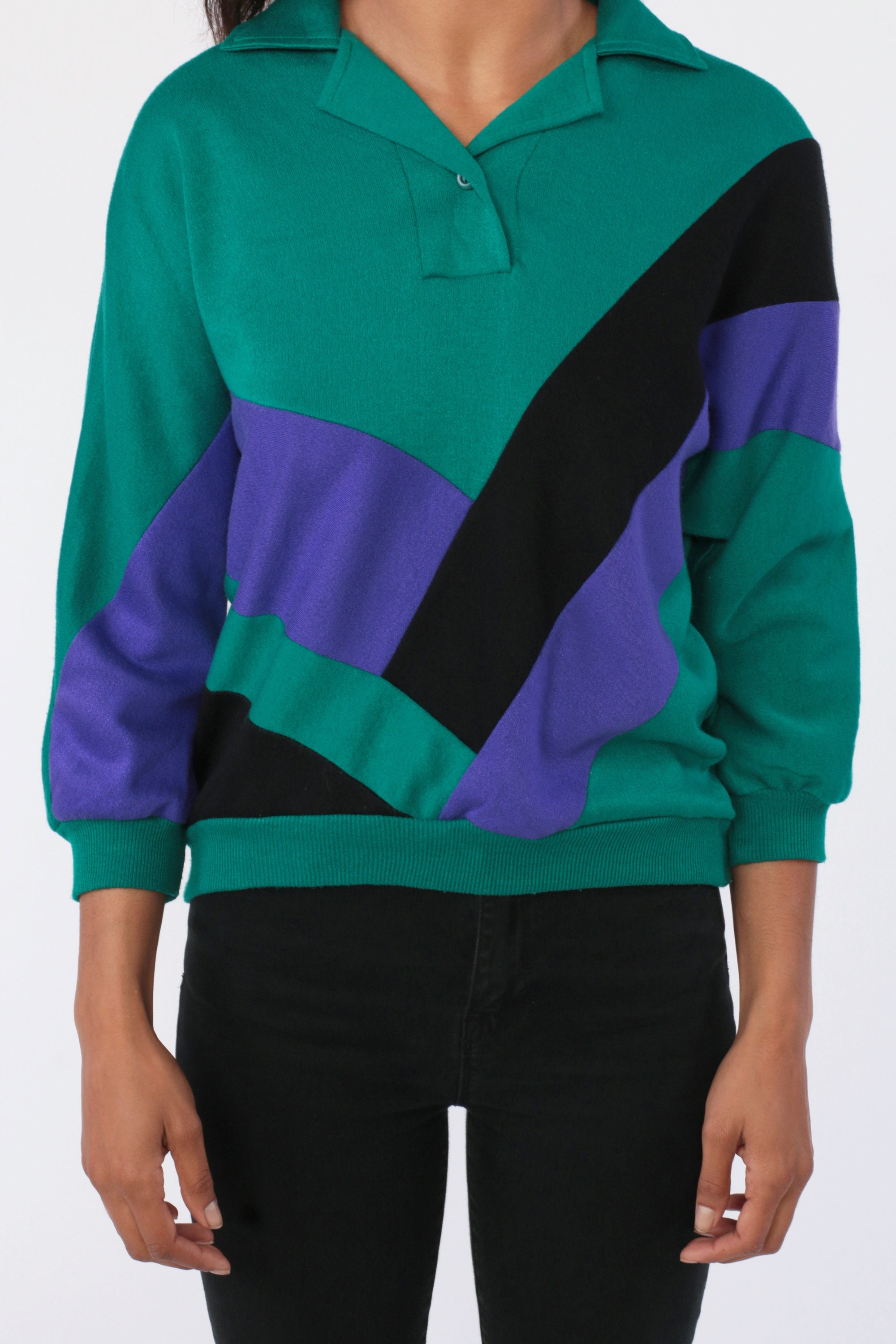 80s Color Block Sweatshirt Polo Quarter Half Button Up Polo 1980s Green Purple Color Block Black 