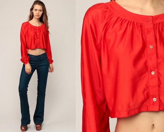 Long Sleeve Crop Top Cropped Shirt 70s Blouse Bohemian Tomato Red Button Up Disco Top Boho Hippie 1970s Seventies Medium
