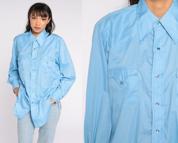 Blue Western Shirt Button Up Shirt 70s Blue Shirt Hippie Boho 1970s Shirt Bohemian Vintage Collared Plain Long Sleeve Men's 15 1/2 32 Medium