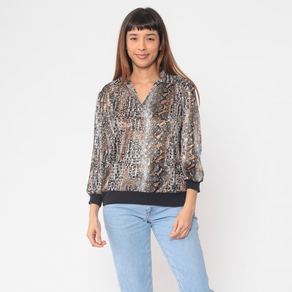 Snakeskin Blouse 80s Animal Print Top Collared V Neck Shirt 3/4 Sleeve Banded Hem Jungle Boho Glam Bohemian Slouchy Vintage 1980s Large L