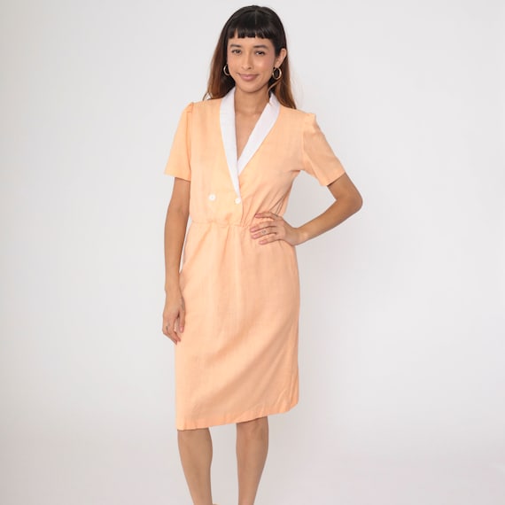 Peach Wrap Dress 80s Midi Double Breasted Button Up Dress V Neck High Waist Secretary Short Sleeve 1980s Vintage Collared Day Dress Medium