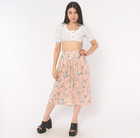 90s Floral Pleated Skirt Pink Rose Print Cotton Cottagecore Prairie Blue Flower Garden A Line High Waist Summer Spring Vintage Medium M