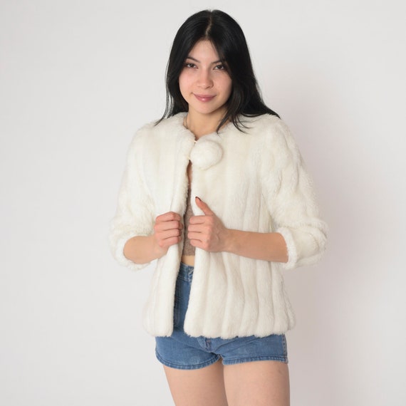 White Faux Fur Jacket 90s Open Front Coat Boho Pom Pom Tie Retro Furry Fuzzy Glam Winter Party Formal Fake Fur Vintage 1990s Extra Small xs