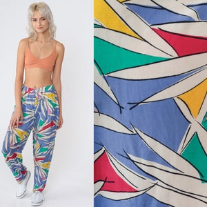 Tropical Pants 90s Pleated Trousers Multicolor Leaf Print High Waisted Rise Tapered Leg Slacks Blue Green Red Yellow Vintage 1990s Large L image 1