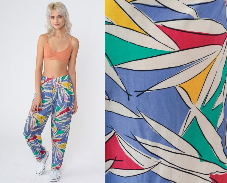 Tropical Pants 90s Pleated Trousers Multicolor Leaf Print High Waisted Rise Tapered Leg Slacks Blue Green Red Yellow Vintage 1990s Large L image 1