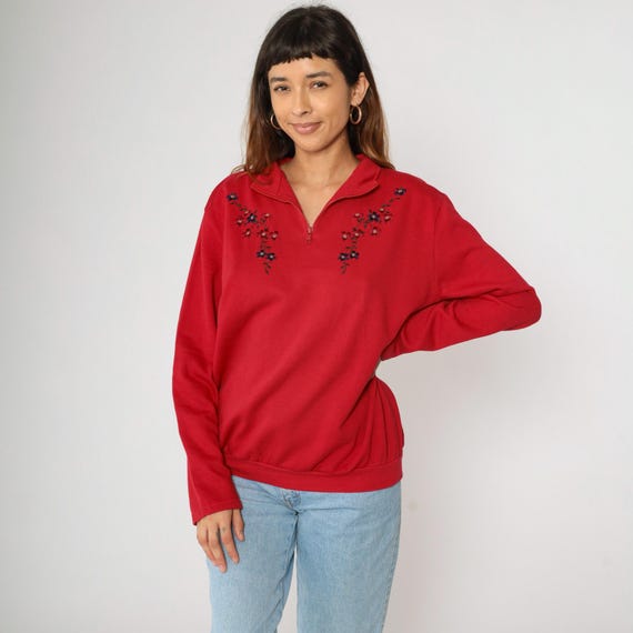 Vintage Red Floral Sweatshirt 90s Embroidered Quarter Zip Up Shirt Graphic Slouchy 1990s Collared Retro Pullover Extra Large xl