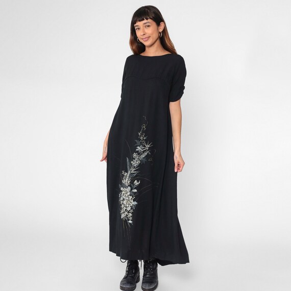Vintage Black Floral Maxi Dress 60s Hawaiian Reed Metallic Flower Print Short Sleeve Scoop Back 1960s Boho Gown Small S