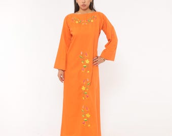 70s Embroidered Maxi Dress Orange Cotton Floral Needlework Bell Sleeve Boat Neck Floor Length Prairie Gown Folk Art Festival Medium M