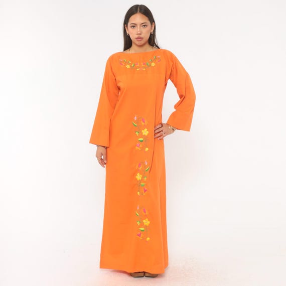 70s Embroidered Maxi Dress Orange Cotton Floral Needlework Bell Sleeve Boat Neck Floor Length Prairie Gown Folk Art Festival Medium M
