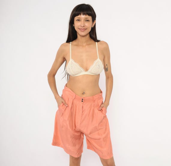 Peach Silk Shorts 90s Pleated High Waist Bermuda Forenza Salmon Pink Trouser Wide Leg Coral Blush Summer Beach vacation Vintage Small S