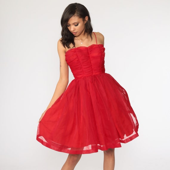 50s Party Dress Red CHIFFON Gown Spaghetti Strap 1950s Prom Tea Length Formal Cocktail Mini Vintage 1960s Princess Extra Small xs