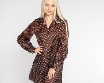 70s Shirtdress Brown Polka Dot Mini Dress Mod Button Up Shift Wing Collar Long Balloon Sleeve Retro Collared Minidress Vintage 1970s Small S