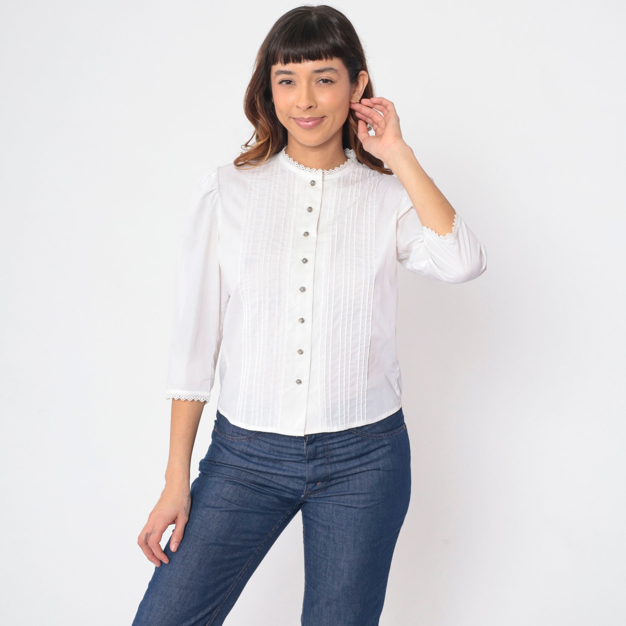 pois blouse tee ホワイト White Prairie Blouse 70s Lanz Originals Puff Sleeve Shirt