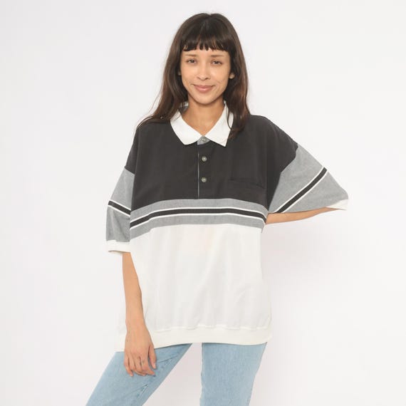 90s Color Block Polo Shirt Black Gray White Striped Collared Short Sleeve Cotton Boxy Fit Streetwear Preppy Vintage Unisex Top Large L