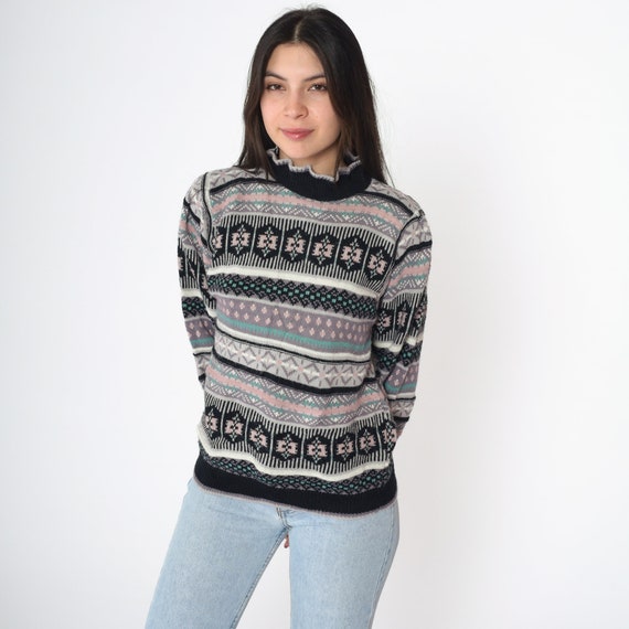 Black Geometric Sweater 80s PUFF SLEEVE Sweater Ruffle Funnel Neck Knit 1980s Pullover Nordic Striped Pastel Sweater Vintage Bohemian Small