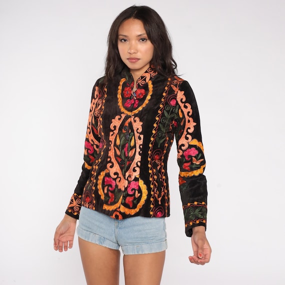 Floral Embroidered Jacket Y2K Black Velvet Folk Art Coat Vibrant Orange Red Sunflower Botanical Button Front Outerwear Short Cropped Small S