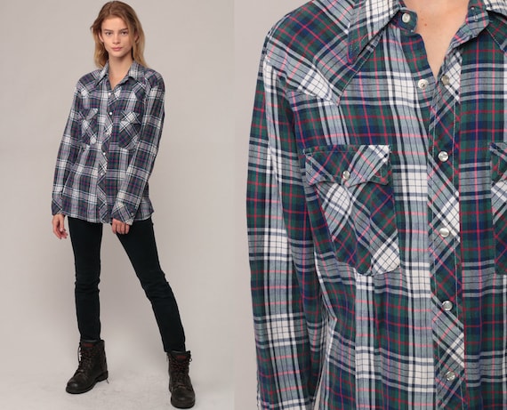 Pearl Snap Shirt WRANGLER Western Shirt 70s Blue Plaid Shirt Button Down up Vintage Long Sleeve 1970s Hipster Green White Large