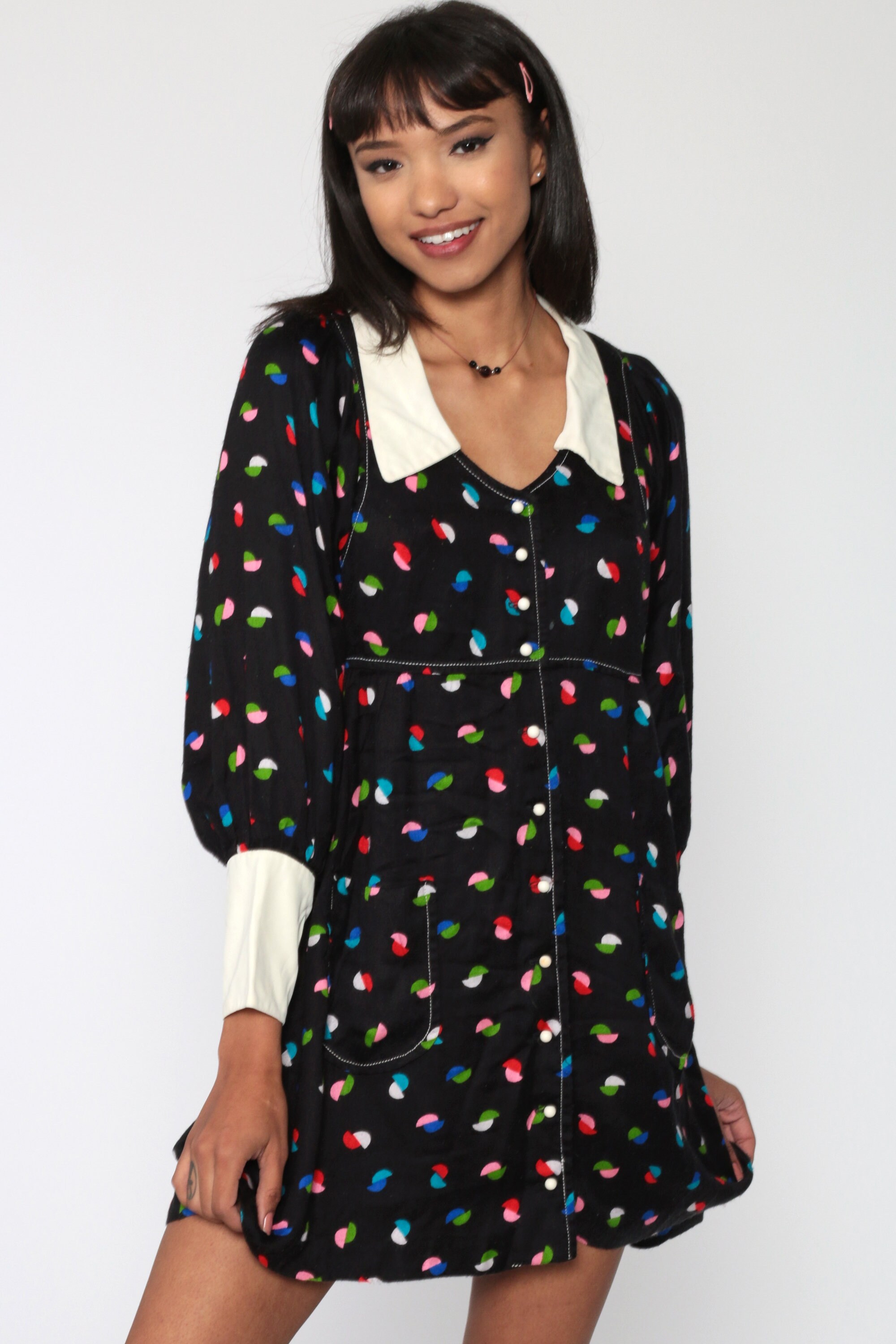 Black Babydoll Dress Geometric Print 70s Mini Bohemian Mod 1970s Long Sleeve White Collar Dress