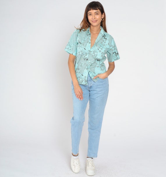 Athlete Shirt 90s Blue Button up Shirt Abstract Football Soccer Player Print Collared Novelty Sports Patterned Vintage 1990s Permit Medium M