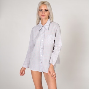 Jaren 70 geruite blouse button-up shirt lange mouw kraag met kraag Retro preppy puntige kraag jaren zeventig wit koraalblauw vintage jaren 1970 kleine S