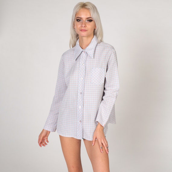 70s Checkered Blouse Button up Shirt Long Sleeve Collared Top Retro Preppy Pointed Collar Seventies White Coral Blue Vintage 1970s Small S