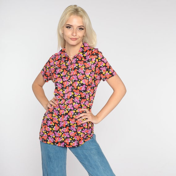 70s Disco Shirt Novelty Print Button Up Dagger Collar Top Heart Hat Lady Print Retro Short Sleeve Collared Groovy Vintage 1970s Small Medium