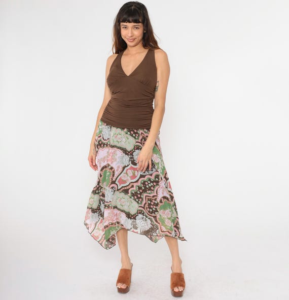 Y2K Floral Halter Dress Brown Hanky Hem Sundress Y2k Midi Dress Boho V Neck Drop Waist Summer Bohemian Hippie Vintage 00s Green Pink Large L