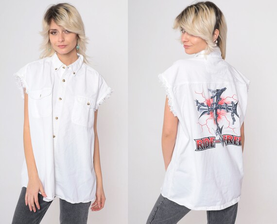 90s Biker Tank Top White Ride Free Motorcycle Shirt Cutoff Utility Chest Pocket Shirt 1990s Sleeveless Button Up Vintage Extra Large xl