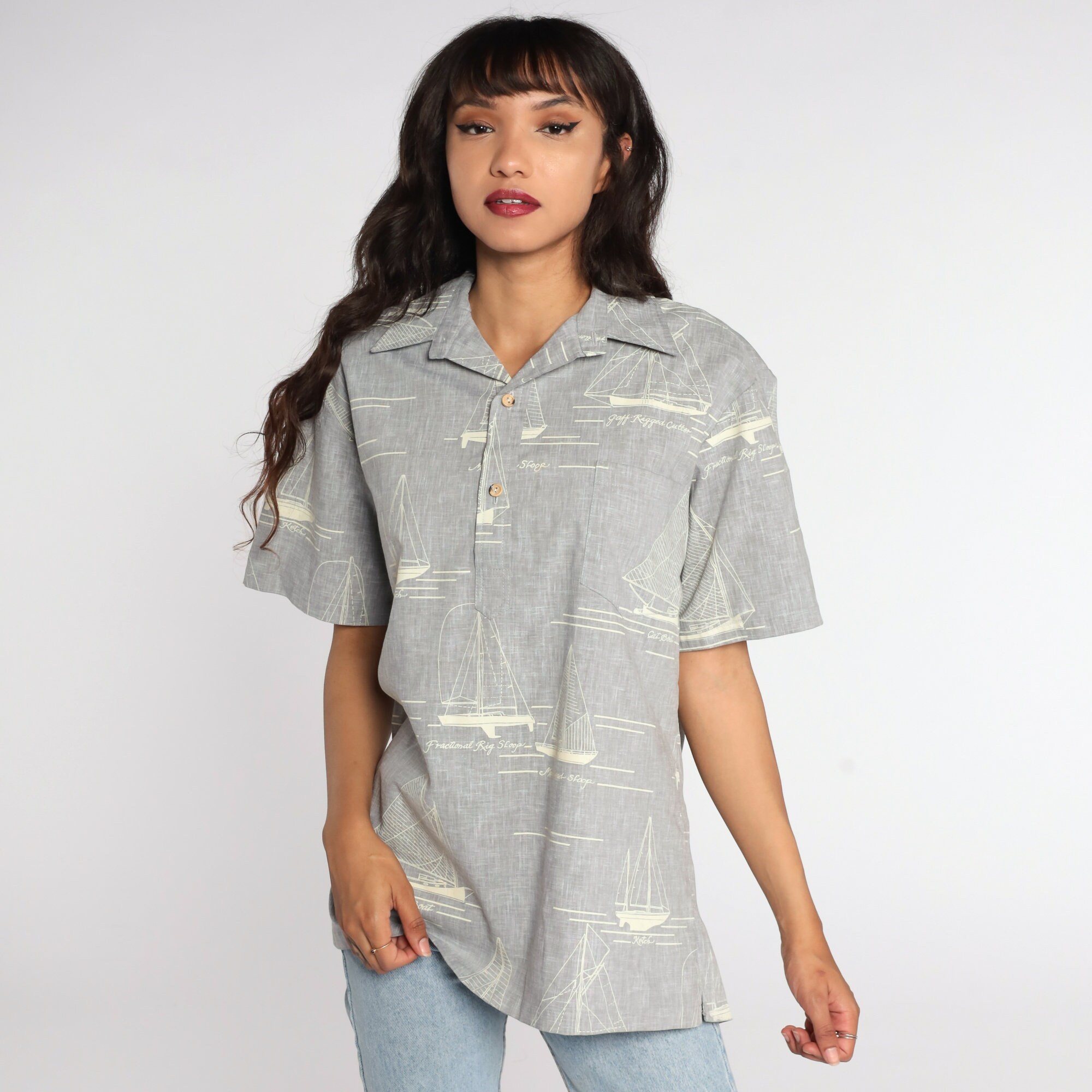 Sailboat Shirt 80s Boat Shirt Grey Nautical Sailor Button Up Shirt ...