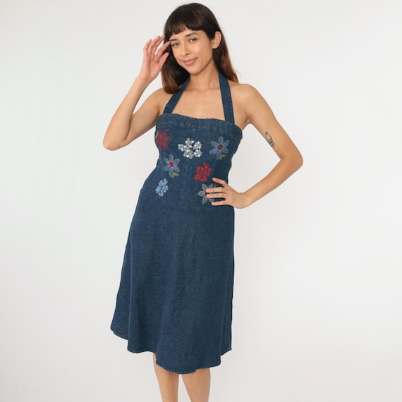 Y2K Denim Dress Floral Embroidered Midi Jean Halter Neck Backless Sundress 00s Blue Vintage Sleeveless Sun Dress Low Waist A-Line Small