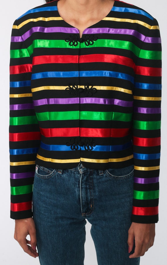 Striped Ribbon Jacket Frog Closure Rainbow Button… - image 6