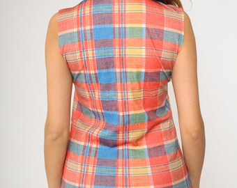 70s Checkered Tank Top Ascot Necktie Shirt Sleeveless Blouse Retro