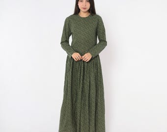 90s Prairie Olive Green Floral Maxi Dress Ditsy Leaf Print Long Sleeve Beige Cottagecore Dark Academia Country Americana Vintage Large L