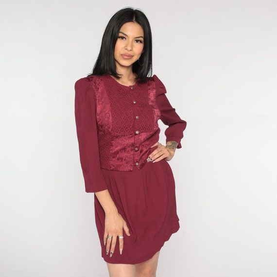 Burgundy Mini Dress 90s Brocade Floral Lace Mini … - image 5