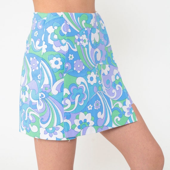 60s Floral Skort Psychedelic Flower Power Mod Mini Skirt 70s High Waisted Shorts Hippie Boho Blue Lavender Retro 1960s Vintage Small