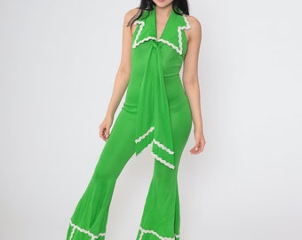 70s Bell Bottom Jumpsuit Green Flared Pantsuit Ascot Necktie Low Open Back Wide Flare Leg Groovy Hippie Disco Vintage 1970s Extra Small XS S