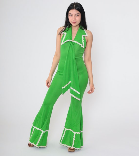 70s Bell Bottom Jumpsuit Green Flared Pantsuit Ascot Necktie Low Open Back Wide Flare Leg Groovy Hippie Disco Vintage 1970s Extra Small XS S