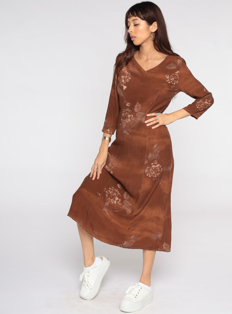 Brown Floral Dress 90s Grunge Shift Boho 1990s Bohemian Hippie Vintage Midi Rayon Long Sleeve Small S image 3