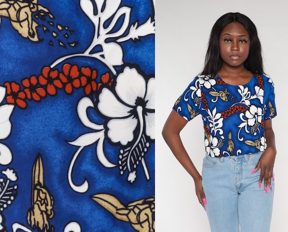 Hawaiian Crop Top Y2k Blue Tropical Floral Shirt Surfer Lei Hibiscus Flower Print Blouse Cropped Short Sleeve Retro Red Vintage 00s Small S