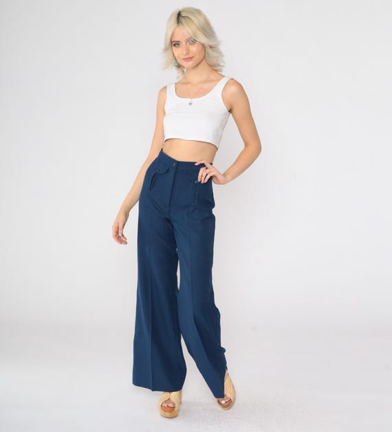 70s Bell Bottoms Pants Navy Blue Boho Hippie Bellbottom Polyester Trousers High Waist 1970s Vintage Bohemian Trousers Extra Small xs